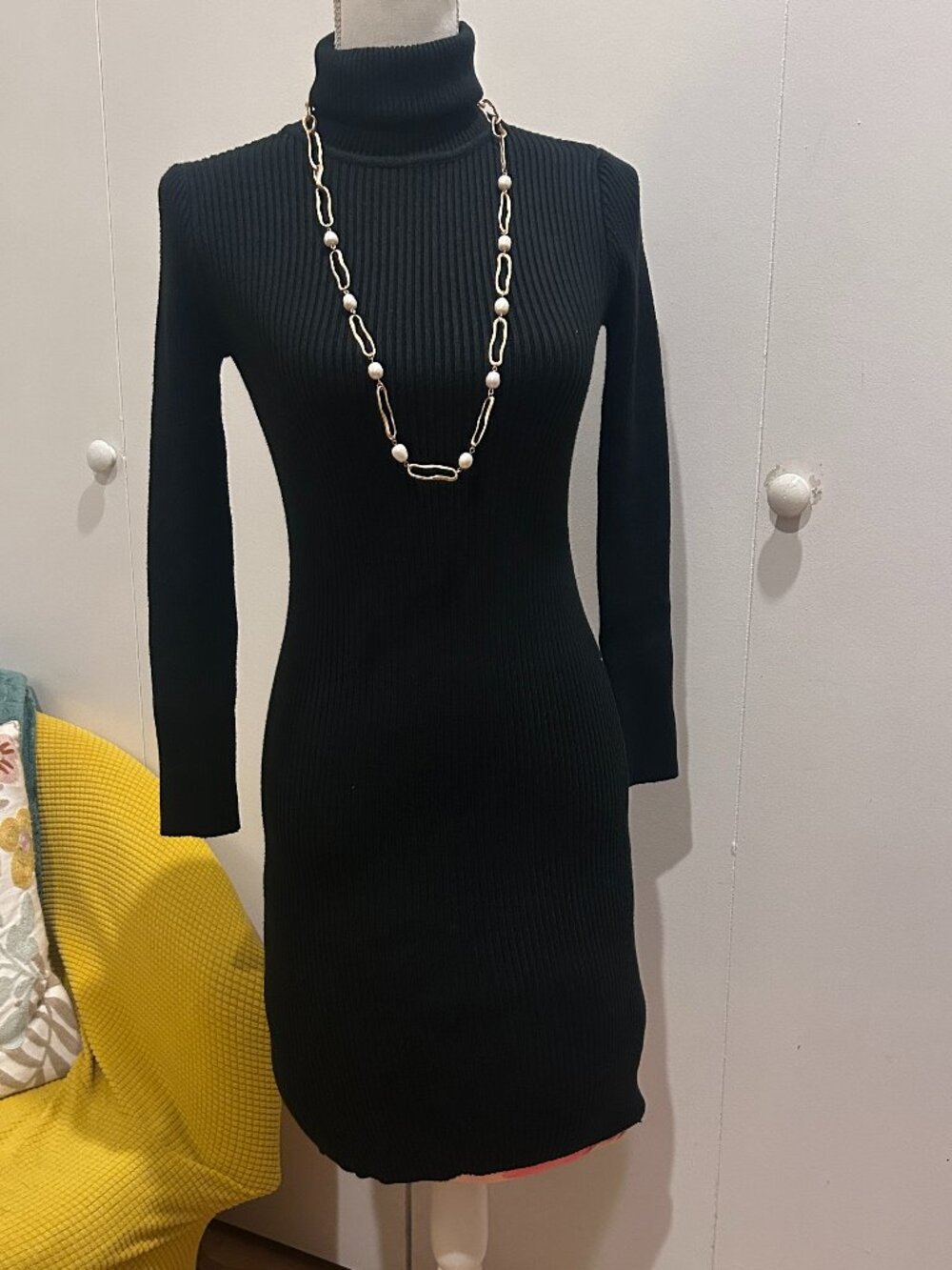 Turtleneck Mini Knit Black Dress Small -NT